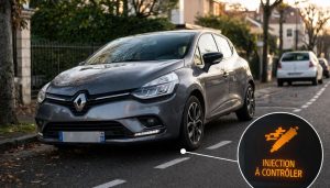 clio 4 sur une place de parking avec logo injection à contrôler