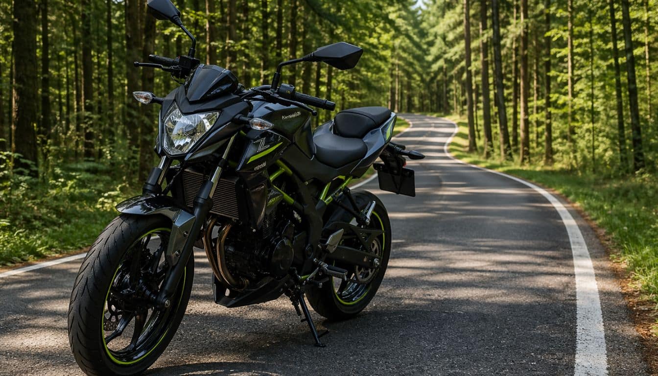 kawasaki z125 sur une route de forêt